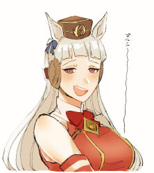  1girl animal_ears armband blunt_bangs blush bow breasts brown_hat dress ear_bow frxe3828 gold_ship_(red_strife)_(umamusume) gold_ship_(umamusume) grey_hair hat highres horse_ears horse_girl long_hair looking_at_viewer medium_breasts open_mouth pillbox_hat red_bow red_dress simple_background sleeveless sleeveless_dress smile solo striped_armband striped_clothes teeth umamusume upper_body upper_teeth_only violet_eyes white_background 