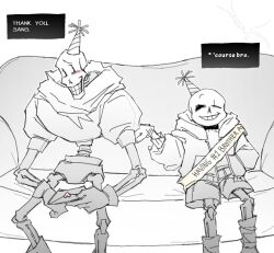  2026 2d armor bugsoupart comic comic_sans commentary couch dialogue_box digital_media english_commentary english_text gloves hat highres holding holding_letter humanoid letter love_letter male male_focus male_only monochrome monster monster_boy on_couch one_eye_closed papyrus_(font) papyrus_(undertale) party_hat print_armor sash scarf segmented_comic simple_background sitting skeleton spine teeth text undead undertale utdr_(toby_fox) video_game_dialogue_box white_background 