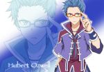  adjusting_glasses alternate_costume blue_background blue_eyes blue_hair character_name glasses hubert_ozwell male red-framed_glasses solo tales_of_(series) tales_of_graces utakata_masara zoom_layer 