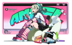  1girl absurdres arm_warmers bag bangboo_(zenless_zone_zero) black_skirt can chinese_commentary chips_(food) closed_eyes commentary_request drink_can earrings fang food full_body fur-trimmed_skirt fur_trim green_hair hair_ornament hairclip highres holding holding_can jewelry kulu_(ku-lu) leg_warmers multiple_hairclips musical_note_earrings nangong_yu open_mouth pink_arm_warmers pink_bag pink_leg_warmers potato_chips shirt sitting skin_fang skirt solo striped_arm_warmers striped_leg_warmers sunna_(zenless_zone_zero) two-tone_leg_warmers white_shirt white_wings winged_bag wings zenless_zone_zero 