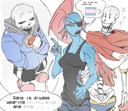  1girl 2026 2boys 2d ? anthro armor black_eyepatch black_shorts black_tank_top blue_jacket blue_pants blue_shorts blue_skin brothers bugsoupart cape colored_sclera colored_skin colored_teeth commentary digital_media ear_fins english_commentary english_text eyepatch female fins fish fish_girl food gills gloves grey_hood hand_in_pocket head_fins height_difference high_ponytail highres hip_bones holding holding_food hollow_eyes hood hood_down hooded_jacket hot_dog humanoid index_finger_raised jacket long_hair long_sleeves male mittens monster monster_boy monster_girl multiple_boys pants papyrus_(undertale) pink_slippers ponytail print_armor red_cape red_gloves red_hair sans_(undertale) sharp_teeth shorts siblings simple_background single_vertical_stripe skeleton slippers slit_pupils socks speech_bubble spine striped_clothes striped_shorts tank_top teeth text transgender_flag trio undead undertale undyne utdr_(toby_fox) vertical-striped_clothes vertical-striped_shorts white_armor white_background white_mittens white_socks white_stripes yellow_sclera yellow_teeth yellow_trim 