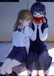  2girls absurdres ahoge blue_bow blue_bowtie blue_hair blue_skirt blue_sweater_vest blush book bow bowtie braid brown_hair closed_eyes closed_mouth collared_shirt commentary_request couple covered_mouth etto_eat flower glasses green_eyes grey-framed_eyewear hair_flower hair_ornament highres holding holding_book indoors leaning_on_person long_hair looking_over_eyewear miniskirt multiple_girls original pink_flower pleated_skirt round_eyewear school_uniform shirt shirt_tucked_in short_sleeves sitting skirt smile straight_hair sweater_vest three-quarter_sleeves twin_braids u_u white_shirt yuri 