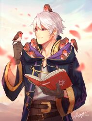  1boy animal_on_finger black_cloak book brown_gloves cloak closed_mouth d4ggerfish dated english_commentary fire_emblem fire_emblem_awakening gloves highres holding holding_book hood hood_down hooded_cloak looking_at_animal male_focus male_robin_(fire_emblem) open_book perching robin_(animal) signature smile 