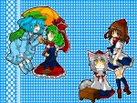  animal_ears aqua_hair backpack bag blush brown_hair bunbunmaru camera closed_eyes geta green_hair hair_bobbles hair_ornament hair_ribbon hat inubashiri_momiji kagiyama_hina kawashiro_nitori newspaper red_eyes ribbon shameimaru_aya shogi short_hair shougi silver_hair tail takamura tengu-geta tokin_hat touhou twintails umbrella wolf_ears wolf_tail yellow_eyes 