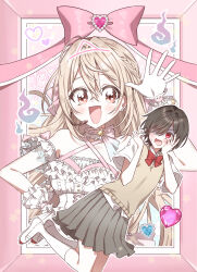  2girls absurdres aizawa_honami black_hair blonde_hair bow bracelet braid brown_eyes choker commentary_request double-parted_bangs dress frills gem ghost ghost_girl gloves hair_between_eyes hair_over_one_eye hair_ribbon half_updo hand_on_own_face hand_up heart highres hitodama idol_clothes iei jewelry koga_school_uniform kurotori_michi large_bow long_hair looking_at_viewer magic_circle mietemasu_yo!_aizawa-san multiple_girls official_art one_eye_covered open_mouth pearl pink_background pink_bow pink_theme pleated_skirt red_eyes ribbon school_uniform short_hair skirt smile sparkle star_(symbol) triangular_headpiece upper_body waving white_gloves 