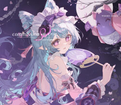  1girl blue_hair commentary dark_background detached_sleeves frilled_hairband frills genshin_impact hairband hand_fan highres holding japanese_clothes kimono lixiang_guo_alice long_hair long_sleeves looking_at_viewer maid nihongami obi_bow pink_kimono pink_pupils pink_sleeves pointy_ears sash solo very_long_hair violet_eyes wa_maid white_sash yumekui-baku_(genshin_impact) yumemizuki_mizuki 