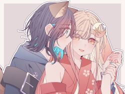  2girls absurdres animal_ears black_choker blonde_hair blue_hair blue_hoodie blue_nails border cho_kaguya-hime! choker colored_inner_hair commentary crescent crescent_hair_ornament forehead_jewel fox_ears green_eyes grey_background grey_border hair_ornament highres holding_another's_wrist hood hoodie japanese_clothes kaguya_(cho_kaguya-hime!) kaguya_(tsukuyomi)_(cho_kaguya-hime!) kimono kousaka_0v0 long_hair multicolored_hair multiple_girls open_mouth pink_nails purple_hair rabbit_ears red_eyes red_kimono sakayori_iroha sakayori_iroha_(tsukuyomi) short_hair simple_background smile sweatdrop upper_body yuri 