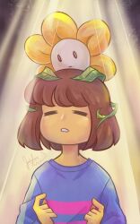  1boy 1other 2018 2d ambiguous_gender blue_sweater brown_hair child dated deviantart_sample digital_media double_horizontal_stripe duo flower flowey_(undertale) frisk_(undertale) hands_up highres horizontal-striped_clothes human image_sample jauntyeyes leaf long_sleeves male photoshop_(medium) pink_stripes plant sentient_flower short_hair signature spotlight striped_clothes striped_sweater sweater two-tone_sweater undertale upper_body utdr_(toby_fox) vines yellow_flower 