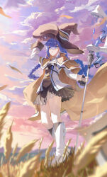 1girl absurdres aki_maple black_dress blue_eyes blue_hair boots braid brown_cloak brown_hat chinese_commentary cloak clouds commentary dress field hair_between_eyes hat highres holding holding_staff jacket knee_boots long_hair looking_up low_twin_braids mushoku_tensei roxy_migurdia sky solo staff twin_braids very_long_braid very_long_hair white_boots white_jacket witch_hat 
