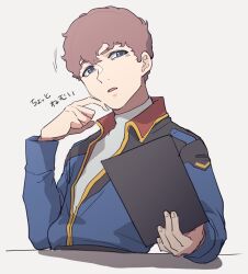  1boy absurdres amuro_ray bishounen blue_eyes blue_jacket brown_hair char's_counterattack collar collared_shirt commentary_request curly_hair earth_federation_space_forces finger_to_cheek fingernails grey_background gundam highres jacket long_sleeves looking_at_viewer male_focus military_uniform oh_syz open_mouth partially_unzipped red_collar shirt short_hair simple_background solo table upper_body white_background white_shirt yellow_trim 