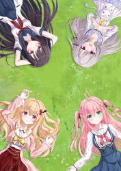  4girls :3 :d absurdres ahoge ao_no_kanata_no_four_rhythm arm_up arms_behind_head arms_up black_hair black_ribbon blonde_hair blue_sailor_collar blue_skirt blush bow braid breasts brown_ribbon chest_bow closed_mouth collarbone commentary cowboy_shot crossover day eyelashes eyes_visible_through_hair flower frilled_sailor_collar frilled_sleeves frills from_above grass green_eyes grey_hair grey_skirt hair_between_eyes hair_flower hair_intakes hair_ornament hair_ribbon hair_spread_out high-waist_skirt highres karenai_sekai_to_owaru_hana large_breasts light_frown long_hair long_sleeves looking_at_viewer looking_up lying miniskirt multiple_crossover multiple_girls neckerchief on_back on_ground open_mouth outdoors own_hands_together pink_hair pink_neckerchief plaid_clothes plaid_skirt pleated_skirt pockysamadesuwa red_eyes red_flower red_neckerchief red_skirt ren_(karenai_sekai_to_owaru_hana) ribbon sailor_collar sailor_shirt school_uniform select_oblige serafuku shirt short_sleeves side_braid sidelocks skirt smile split_mouth star_(symbol) star_hair_ornament straight_hair suishouseki_midari suspender_skirt suspenders tamayura_mirai tobisawa_misaki triangle_mouth two_side_up very_long_hair violet_eyes white_sailor_collar white_shirt wide_sleeves yato_kukuru yellow_bow 