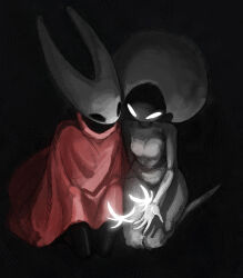  2girls arthropod_girl black_background black_eyes black_skin bodysuit boopie breasts bug butterfly cloak colored_skin commentary dark full_body glowing_butterfly hat highres hollow_eyes hollow_knight hollow_knight:_silksong horned_mask hornet_(hollow_knight) horns kneeling lace_(hollow_knight) mask multiple_girls red_cloak simple_background small_breasts white_bodysuit white_butterfly white_eyes white_hat white_mask 