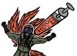  1boy ace_combat ace_combat_8 commentary english_commentary flight_suit green_jumpsuit helmet injection jumpsuit large_syringe mighty673 oversized_object oxygen_mask pilot pilot_helmet rex_(ace_combat) syringe v_arms 