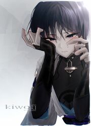  1boy absurdres armor belt black_belt black_bodysuit black_bow black_bridal_gauntlets black_eyes black_hair blue_kimono blue_sleeves blunt_ends bodysuit bow bridal_gauntlets covered_collarbone crying crying_with_eyes_open eyeliner furisode genshin_impact highres japanese_armor japanese_clothes juban kimono kiwofj kote kurokote layered_sleeves looking_down makeup male_focus mandarin_collar middle_ring open_clothes open_kimono parted_lips purple_sash red_eyeliner sash scaramouche_(genshin_impact) short_sleeves shoulder_peek solo tears tsurime upper_body wanderer_(genshin_impact) white_background white_kimono white_mouth white_sleeves wispy_bangs 