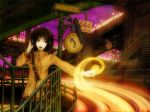  bridge brown_eyes brown_hair digital_media_player headphones microphone motion_blur mp3_player open_mouth road_sign short_hair sign sky solo stairs yoshidaworks 