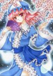  cherry_blossoms fan hat pink_hair red_eyes saigyouji_yuyuko touhou traditional_media yukiou 