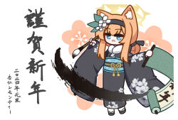  1girl :o animal_ear_fluff animal_ears apricotlemontea black_hairband black_kimono black_sailor_collar blue_archive blue_eyes calligraphy_brush cat_ears chibi commentary_request floral_background fur_collar hair_bun hairband halo highres holding holding_paintbrush japanese_clothes kimono long_sleeves mari_(blue_archive) obi open_mouth orange_hair paintbrush sailor_collar sandals sash scroll simple_background socks solo translation_request white_background white_socks zouri 
