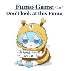  1girl bee_costume blue_eyes blue_hair cirno commentary dounaga_nuko english_text fumo_(doll) highres holding holding_sign hood jitome shadow sign smile solo touhou white_background wings 