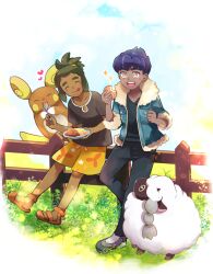  2boys 2others against_fence alolan_raichu black_pants black_shirt blue_jacket blush closed_eyes commentary_request curry dark-skinned_male dark_skin fence food fur-trimmed_jacket fur_trim hau_(pokemon) heart holding holding_plate holding_spoon holding_utensil hop_(pokemon) jacket licking_lips looking_at_another malasada multiple_boys multiple_others on_fence open_mouth pants plate pokemon pokemon_(creature) pokemon_sun_and_moon pokemon_sword_and_shield sandals shirt shorts sitting sitting_on_fence smile sparkle spoon tongue tongue_out tsutsupiku wooden_fence wooloo yellow_shorts 
