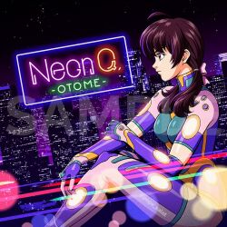  1girl album_cover bodysuit breasts brown_eyes brown_hair building city commentary cover english_commentary expressionless from_side jose_salot light_blush low_twintails mecha_pilot_suit medium_breasts multicolored_bodysuit night otome_(musician) sitting sky skyscraper solo star_(sky) starry_sky twintails twitter_username 