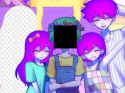  1girl 27e_na143 3boys aubrey_(headspace)_(omori) aubrey_(omori) basil_(headspace)_(omori) basil_(omori) big_yellow_cat_(omori) blue_overalls blue_shirt blush bow brothers censored censored_identity checkered_clothes closed_eyes collarbone collared_pajamas colored_skin commentary double-parted_bangs flower flower_wreath green_hair green_shirt grin hair_between_eyes hair_bow head_wreath hero_(headspace)_(omori) hero_(omori) kel_(headspace)_(omori) kel_(omori) long_hair long_sleeves multiple_boys omori open_mouth overalls pajamas pink_bow purple_hair shirt short_hair short_sleeves shorts siblings sidelocks smile striped_clothes striped_pajamas striped_shorts t-shirt tank_top teeth tongue upper_teeth_only vertical-striped_clothes vertical-striped_pajamas vertical-striped_shorts white_skin 