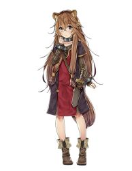  1girl animal_ears ankle_boots black_dress boots brown_boots brown_dress brown_eyes brown_hair child closed_mouth collar collarbone crossed_bangs double-parted_bangs dress full_body game_asset hair_between_eyes hand_up knife knife_sheath leather leather_boots light_blush light_frown long_hair looking_at_viewer medium_dress messy_hair metal_collar metal_wrist_cuffs official_art pinstripe_dress pinstripe_pattern raccoon_ears raccoon_girl raccoon_tail raphtalia raphtalia_(young) red_dress sheath sheathed simple_background solo standing tail tanuki tate_no_yuusha_no_nariagari tate_no_yuusha_no_nariagari_rise transparent_background two-tone_dress yellow_trim 