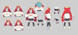  1girl :3 absurdres animal_ear_fluff animal_ear_legwear animal_ears black_choker black_hair black_shorts black_streaks black_thighhighs blue_eyes blue_scarf blush boots bow braid choker closed_eyes clothes_writing commentary double-parted_bangs english_commentary fang from_behind from_side grey_background hair_between_eyes hakos_baelz headband highres hololive hololive_english jewelry key key_necklace long_hair mouse_ears mouse_tail multicolored_hair multiple_views necklace official_art outstretched_arms red_hair reference_sheet scarf scarf_on_head shorts smile strawberry_baelz streaked_hair sweater tail thigh-highs twin_braids v-shaped_eyebrows virtual_youtuber white_boots white_hair white_sweater yellow_bow yellow_headband zaniaii 