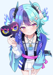 1girl :3 absurdres achichi_mela black_horns blue_hair blue_shirt blush closed_mouth collarbone commentary_request cowboy_shot hair_intakes haori highres holding holding_mask hololive horns hosinonana japanese_clothes long_hair long_sleeves mask miniskirt pleated_skirt purple_hair red_eyes shirt simple_background skirt smile solo v-shaped_eyebrows virtual_youtuber white_background white_skirt 