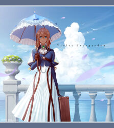  1girl 5health absurdres artist_name ascot bird blonde_hair blue_eyes blue_jacket blue_sky blue_umbrella braid breasts brooch brown_gloves brown_trim character_name clouds commentary_request dress falling_petals feet_out_of_frame flower frilled_umbrella frills gem gloves gold_trim green_gem hair_between_eyes hair_ribbon highres holding holding_suitcase holding_umbrella jacket jewelry letterboxed long_sleeves medium_breasts medium_hair ocean parasol petals plant potted_plant puffy_sleeves railing red_ribbon ribbon seagull sky solo suitcase umbrella violet_(flower) violet_evergarden violet_evergarden_(series) white_ascot white_dress 
