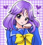  1girl earrings heart jewelry kagami_mira lips long_hair nanjou_akimasa purple_background purple_eyes purple_hair ribbon school_uniform serafuku short_hair smile solo tokimeki_memorial tokimeki_memorial_1 violet_eyes 