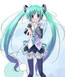  detached_sleeves green_eyes green_hair hatsune_miku headphones headset highres long_hair lucie microphone takanashie thigh-highs thighhighs twintails vocaloid 