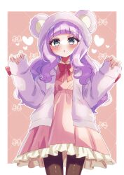  1girl :o animal_hood bear_hood black_pantyhose blue_eyes bow bowtie commentary_request doroshii dress ellee-chan frilled_dress frills full_body heart highres hirogaru_sky!_precure hood hood_up hooded_jacket hoodie jacket long_hair looking_at_viewer medium_dress open_clothes open_hoodie open_mouth pantyhose partial_commentary pink_background pink_bow pink_bowtie pink_dress precure purple_hair solo standing w_arms 