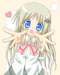  blue_eyes ebisuke fang foreshortening heart heart_hands little_busters!! long_hair noumi_kudryavka outstretched_arms outstretched_hand reaching school_uniform 