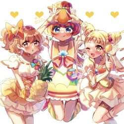  3girls :d :o ;) ;d bike_shorts black_bike_shorts blonde_hair blue_eyes bow brooch brown_eyes brown_hair choker closed_mouth clover_brooch color_connection commentary_request cure_lemonade cure_papaya cure_pine doroshii double_bun dress earrings food fresh_precure! frilled_dress frills fruit fruit_earrings gloves hair_bow hair_bun half_gloves heart heart_earrings holding holding_food holding_fruit ichinose_minori in-franchise_crossover index_finger_raised jewelry jumping kasugano_urara_(precure) leaning_forward lemon long_hair looking_at_viewer loose_socks magical_girl multicolored_hair_bobbles multiple_girls name_connection neckerchief one_eye_closed open_mouth orange_bow orange_hair orange_neckerchief orange_shoes pact_holder papaya partial_commentary pineapple precure puffy_short_sleeves puffy_sleeves sailor_collar shell_brooch shoes short_dress short_hair short_sleeves shorts_under_dress sleeveless sleeveless_dress smile socks standing standing_on_one_leg tropical-rouge!_precure twintails twitter_username white_background white_gloves yamabuki_inori yellow_choker yellow_dress yellow_eyes yellow_sailor_collar yellow_socks yes!_precure_5 
