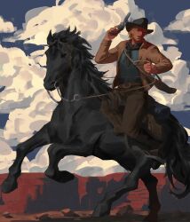  1boy animal arm_up arthur_morgan belt belt_buckle black_hat black_horse black_pants blonde_hair blue_shirt brown_belt brown_jacket buckle clouds commentary cowboy cowboy_hat gun handgun hat highres holding holding_gun holding_reins holding_weapon horse horseback_riding jacket lapels long_sleeves male_focus outdoors pants red_dead_redemption_(series) red_dead_redemption_2 reins revolver riding saddle sgkg108 shirt short_hair sky solo very_short_hair weapon 