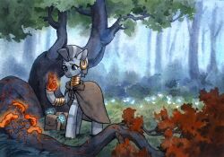  absurdres animal_ear_piercing blue_eyes bracelet day forest gold_bracelet gold_necklace grass grey_fur highres jewelry koviry mohawk my_little_pony my_little_pony:_friendship_is_magic nature necklace no_humans outdoors painting_(medium) solo traditional_media tree watercolor_(medium) zebra zecora 