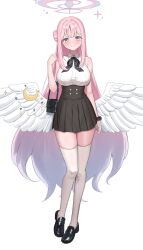 1girl alternate_costume angel_wings bag black_bag black_ribbon black_scrunchie black_shoes black_skirt blue_archive blue_hair blue_halo blush breasts closed_mouth collared_shirt crescent_wing_ornament doggo34476335 feathered_wings full_body gradient_hair gradient_halo hair_bun halo head_tilt high-waist_skirt highres loafers long_hair looking_at_viewer low_wings medium_breasts mika_(blue_archive) multicolored_hair multicolored_halo neck_ribbon pigeon-toed pink_hair pink_halo pleated_skirt ribbon scrunchie shirt shoes simple_background single_side_bun skirt sleeveless sleeveless_shirt smile solo taut_clothes taut_shirt thigh-highs thighs very_long_hair white_background white_shirt white_thighhighs white_wings wing_ornament wings wrist_scrunchie yellow_eyes zettai_ryouiki 