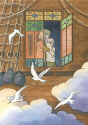  1boy 1girl above_clouds animal bird brown_hair brown_sweater closed_eyes clouds finnish_commentary green_pants heikala highres hug long_sleeves original painting_(medium) pants profile rope ship shirt short_hair short_sleeves smile stained_glass sweater traditional_media watercolor_(medium) watercraft white_bird white_shirt window 