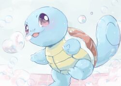  blush brown_eyes bubble bubble_(pokemon) commentary_request full_body highres looking_at_viewer nekozane_chisa no_humans nostrils open_mouth pokemon pokemon_(creature) solo squirtle 