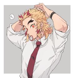  1boy adam's_apple arms_up blonde_hair border collared_shirt commentary_request contemporary forked_eyebrows hair_tie_in_mouth highres kimetsu_no_yaiba male_focus mouth_hold necktie okonon_(kado_colda) red_necktie rengoku_kyoujurou shirt solo tie_clip translation_request tying_hair upper_body watch watch white_border white_shirt 
