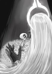  2girls absurdly_long_hair absurdres arthropod_girl bodysuit boopie colored_skin commentary english_commentary from_behind giant giantess grand_mother_silk_(hollow_knight) hat highres hollow_knight hollow_knight:_silksong lace_(hollow_knight) long_hair looking_at_another looking_up mother_and_child mother_and_daughter multiple_girls parent_and_child standing very_long_hair 