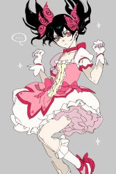 ... 1girl :< absurdres black_hair bow chinese_commentary choker commentary_request cosplay dress expressionless female_sword_bearer_(kagurabachi) floating frilled_skirt frilled_sleeves frilled_socks frills full_body gloves granyon grey_background hair_bow hands_up highres kagurabachi kaname_madoka kaname_madoka_(cosplay) kaname_madoka_(magical_girl) kneehighs looking_at_viewer magical_girl mahou_shoujo_madoka_magica mahou_shoujo_madoka_magica_(anime) neck_ribbon petticoat pink_choker pink_dress pink_eyes pink_ribbon pink_shoes puffy_short_sleeves puffy_sleeves ribbon shoes short_sleeves short_twintails simple_background skirt socks solo sparkle speech_bubble square_neckline twintails white_gloves white_skirt white_socks