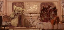  1other absurdres arm_on_knee asymmetrical_arms blood candle commentary covered_eyes cup dining_room drinking_glass extra_arms golden_bough_(project_moon) halo highres holding holding_own_cape holding_weapon holding_whip horns indoors limbus_company looking_up multiple_forms nail_(hardware) pankerdotpng project_moon pwie_(project_moon) robe short_hair sitting sitting_on_table size_difference table tablecloth the_crimson_god_(project_moon) weapon whip white_hair white_robe wine_glass 