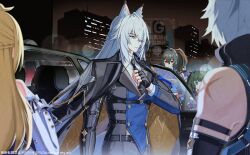  2boys 4girls adjusting_clothes adjusting_necktie ahoge aiguillette animal_ear_fluff animal_ears belt black_belt black_coat black_gloves black_hair black_necktie blonde_hair blue_jacket blue_ribbon blunt_bangs braid building buttons car cat_boy cat_ears chest_harness cissia_(zenless_zone_zero) city closed_mouth coat coat_on_shoulders collared_shirt commentary_request cropped_jacket crossed_bangs detached_sleeves double-breasted expressionless fingerless_gloves gloves gradient_hair green_eyes green_hair grey_jacket hair_between_eyes hair_intakes hair_ribbon hand_up harness high_ponytail jacket jane_doe_(zenless_zone_zero) lapels lens_flare long_hair long_sleeves motor_vehicle multicolored_hair multiple_boys multiple_girls necktie night open_clothes open_jacket orange_eyes orange_streaks outdoors police police_badge police_uniform policewoman pom_pom_(clothes) ponytail qingyi_(zenless_zone_zero) red_hair ribbon scar scar_on_shoulder serious seth_lowell severian_lowell shidare_(youh4016) shirt short_hair sidelocks streaked_hair tie_clip twintails very_long_hair watermark white_hair white_shirt white_sleeves wing_collar zenless_zone_zero zhu_yuan 