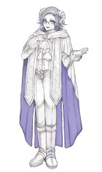  1boy absurdres alternate_costume aotsuki_eito cape eyeshadow eyewear_strap glasses gloves grey_hair hands_up highres horns looking_at_viewer makeup male_focus pants purple_cape purple_eyeshadow shi_gu_(sigu_69) short_hair simple_background smile solo the_hundred_line_-last_defense_academy- two-sided_cape two-sided_fabric violet_eyes white_background white_cape white_gloves white_pants 