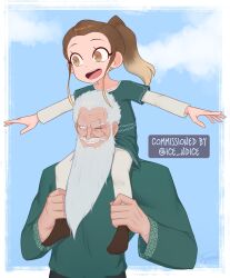  1boy 1girl beard brown_hair brown_shoes carrying child clouds commentary commission commissioner_name english_commentary facial_hair green_shirt grey_hair highres layered_sleeves light_smile long_beard long_hair long_sleeves mustache nose one_eye_closed open_mouth original pants ponytail scar scar_across_eye scar_on_face shirt shoes shoulder_carry signature upper_body white_pants white_shirt xyronii zolteah_(ice_ndice) 