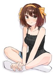  1girl ankle_socks black_dress blue_shorts bob_cut brown_eyes brown_hair commentary_request drafty_1218 dress hairband highres indian_style looking_at_viewer medium_hair orange_hairband shadow shorts simple_background sitting smile socks solo suzumiya_haruhi suzumiya_haruhi_no_yuuutsu white_background white_socks 