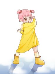  1girl absurdres baichuan00088 blunt_bangs boots bow brown_eyes child chinese_commentary coat commentary_request eyelashes hair_bow happy highres hood hood_down hooded_coat kneehighs legs_apart long_sleeves nikki_(nikki) nikki_(series) open_mouth pink_hair puddle raincoat red_bow rubber_boots shadow shining_nikki short_hair short_twintails smile socks solo standing striped_clothes striped_socks tareme twintails vertical-striped_clothes vertical-striped_socks white_background white_socks yellow_boots yellow_coat yellow_raincoat young_nikki_(shining_nikki) 