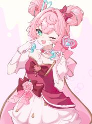  1girl aqua_eyes blue_hair bow bracelet bright_pupils choker commentary detached_sleeves double_bun dress dress_bow finger_to_cheek gloves gradient_hair hair_bow hair_bun hair_ornament heart heart_hair_ornament highres holding holding_wand honkai:_star_rail honkai_(series) hyacine_(honkai:_star_rail) hyacine_(warm_cotton_skies)_(honkai:_star_rail) jewelry multicolored_hair necklace one_eye_closed pearl_bracelet pearl_necklace pink_hair red_dress solo strapless strapless_dress streaked_hair sukumo_uru two-tone_hair untranslatable_commentary wand white_choker white_gloves 