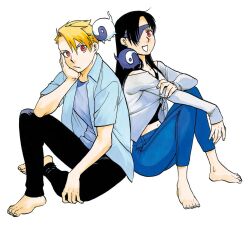  1boy 1girl arakawa_hiromu asa_(yomi_no_tsugai) asymmetrical_hair back-to-back black_hair black_pants black_tank_top blonde_hair blue_jacket closed_mouth commentary_request crop_top daifuku_(yomi_no_tsugai) denim eyepatch hand_on_own_arm hand_on_own_face jacket jeans long_hair long_sleeves looking_at_viewer midriff mole mole_under_mouth navel official_art ohagi_(yomi_no_tsugai) pants parted_lips red_eyes short_hair short_sleeves simple_background smile spirits tank_top white_background white_jacket yomi_no_tsugai yuru_(yomi_no_tsugai) 